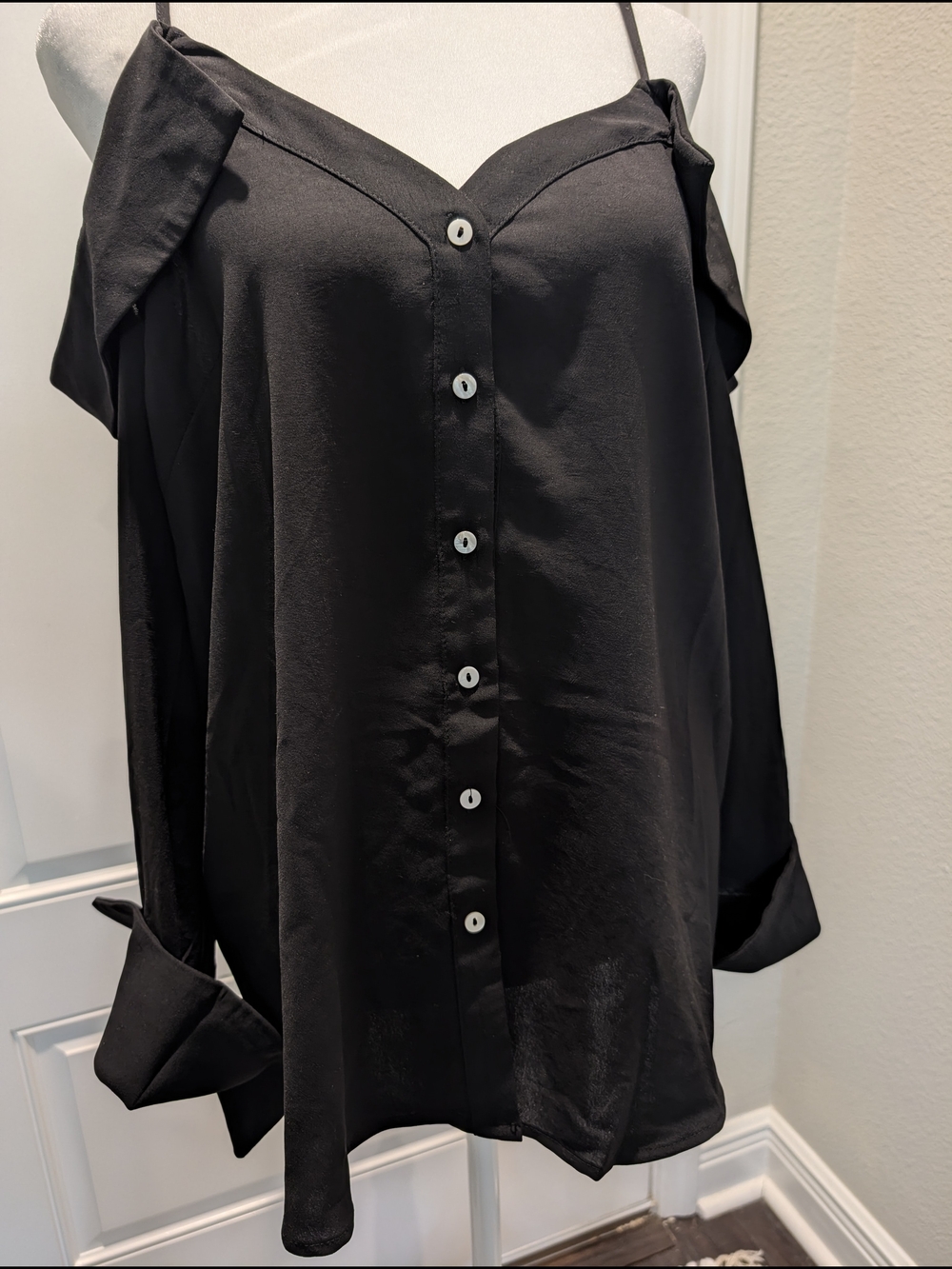 Black Cold-Shoulder Button-Front Blouse Adjustable Straps